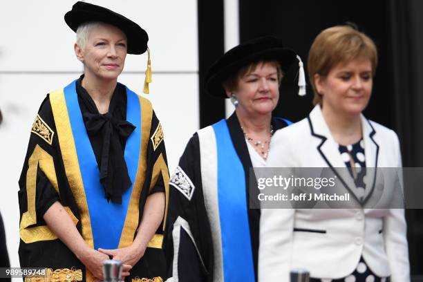 Singer Annie Lennox OBE attends the Glasgow Caledonian University where she was being installed as the new Chancellor on July 2, 2018 in Glasgow,...