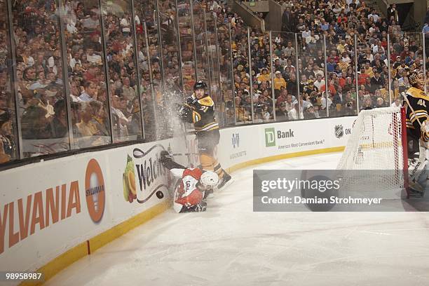 Boston Bruins Andrew Ference in action vs Philadelphia Flyers Claude Giroux . Game 2. Boston, MA 5/3/2010 CREDIT: Damian Strohmeyer