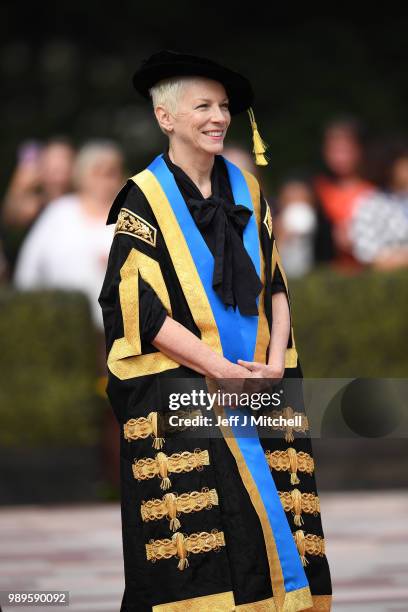 Singer Annie Lennox OBE attends the Glasgow Caledonian University where she was being installed as the new Chancellor on July 2, 2018 in Glasgow,...