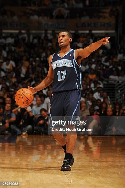 Ronnie Price of the Utah Jazz moves the ball against the Los Angeles Lakers in Game One of the Western Conference Semifinals during the 2010 NBA...