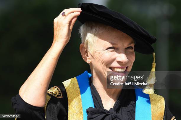 Singer Annie Lennox OBE attends the Glasgow Caledonian University where she was being installed as the new Chancellor on July 2, 2018 in Glasgow,...
