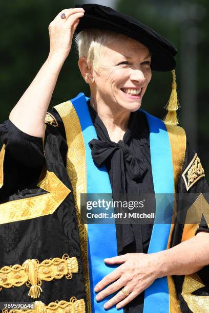 Singer Annie Lennox OBE attends the Glasgow Caledonian University where she was being installed as the new Chancellor on July 2, 2018 in Glasgow,...