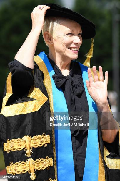 Singer Annie Lennox OBE attends the Glasgow Caledonian University where she was being installed as the new Chancellor on July 2, 2018 in Glasgow,...