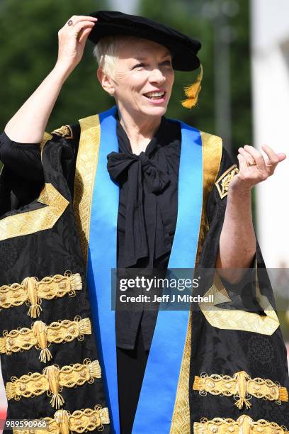 Singer Annie Lennox OBE attends the Glasgow Caledonian University where she was being installed as the new Chancellor on July 2, 2018 in Glasgow,...