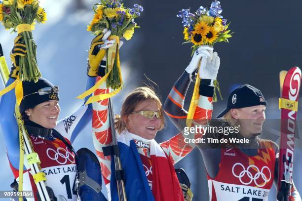 Winter Olympic Games : Salt Lake City, 2/12/02, Huntsville, Utah, United States --- Ladies' Downhill Gold Medal Winner Carole Montillet Of France Is...