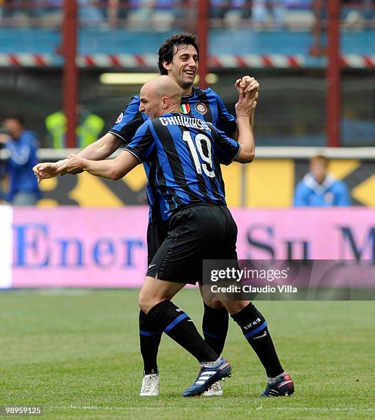 Diego Milito and Esteban Cambiasso of FC Internazionale Milano celebrate after the third goal during the Serie A match between FC Internazionale...