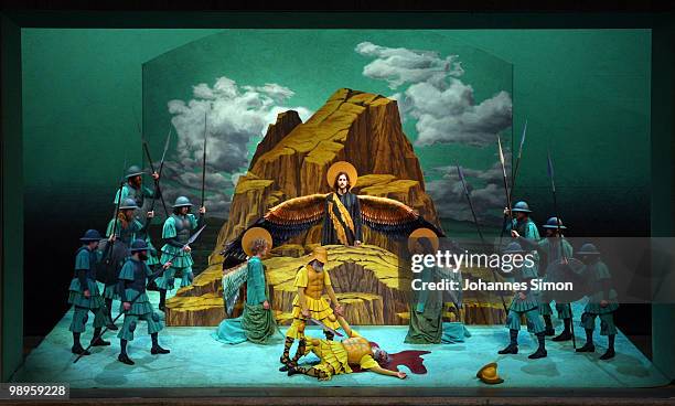 Members of the ensemble perform the tableau vivant 'The Violent Attack At The High Place Of Gibeon' during the Oberammergau passionplay 2010 final...