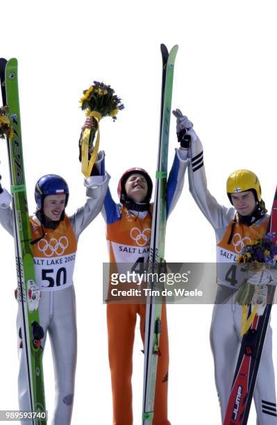 Winter Olympic Games : Salt Lake City, 2/13/02, Park City, Utah, United States --- Simon Ammann Shows His Emotions After Winning The Gold Medal In...