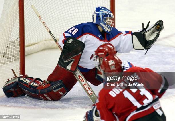 Winter Olympic Games : Salt Lake City, 2/13/02, West Valley City, Utah, United States --- Russia Goalie Irina Gashennikova Catches A Shot On Goal By...