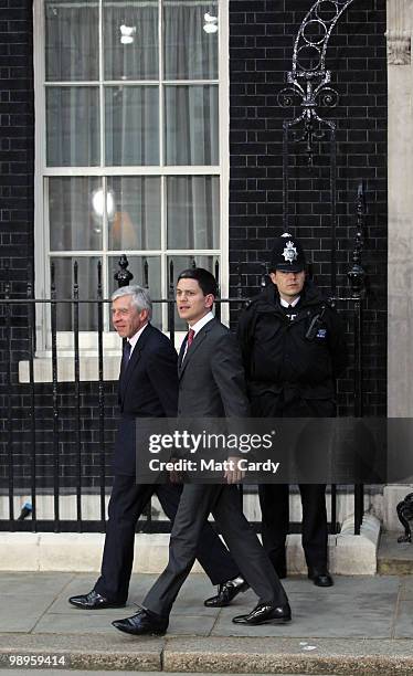 Justice Secretary Jack Straw and Foreign Secretary David Milliband leave Downing Street following a cabinet meeting on May 10, 2010 in London,...