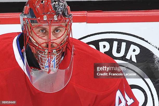 Jaroslav Halak of Montreal Canadiens warms up in Game Six of the Eastern Conference Semifinals against the Pittsburgh Penguins during the 2010 NHL...