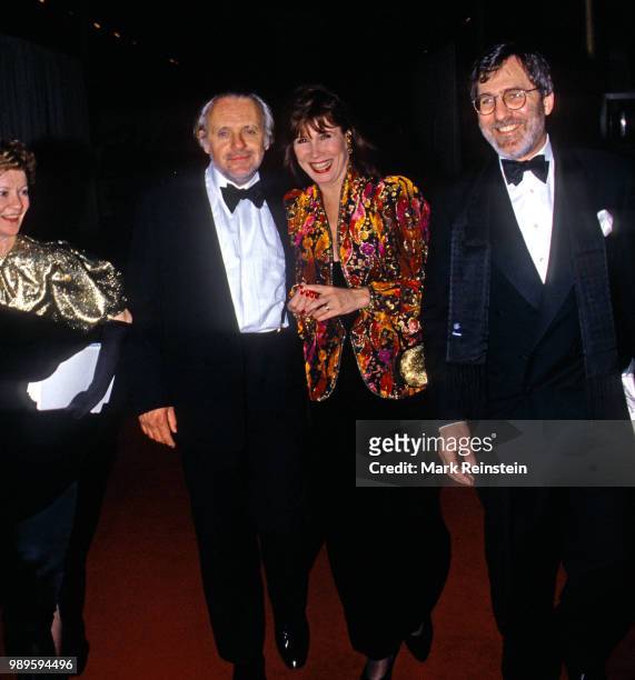 Jennifer Lynton and her husband Anthony Hopkins along with Michelle Lee and her husband Fred Rappoport arrive in the lobby of the Kennedy Center to...