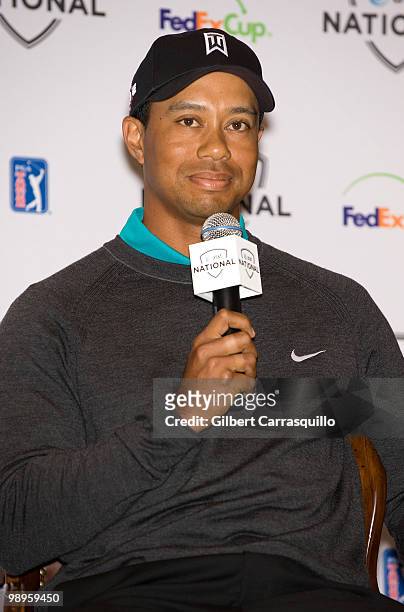 Tiger Woods discusses the upcoming AT&T National Tournament at a press conference at the Aronimink Golf Club on May 10, 2010 in Newtown, Pennsylvania.