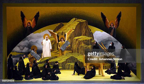 Members of the ensemble perform the tableau vivant 'The Ten Commandments And The Dance Around The Golden Calf' during the Oberammergau passionplay...