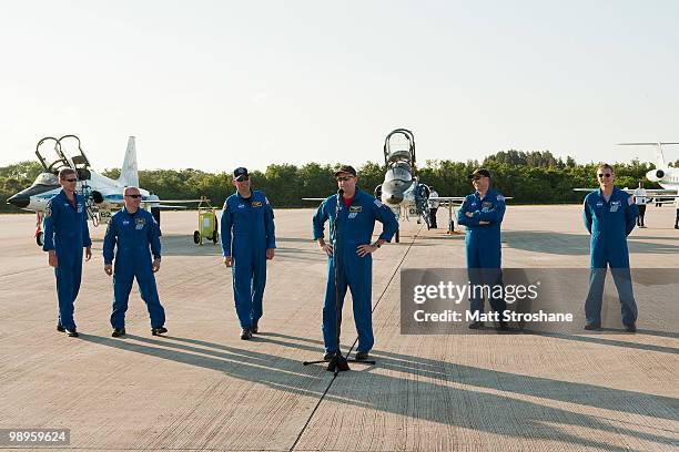 Space Shuttle Atlantis astronauts mission specialists Michael Good and Garrett Reisman, Pilot Tony Antonelli, Commander Ken Ham, mission specialists...