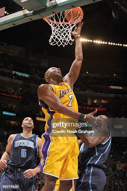 Lamar Odom of the Los Angeles Lakers puts a shot up against the Utah Jazz at Staples Center on April 2, 2010 in Los Angeles, California. NOTE TO...
