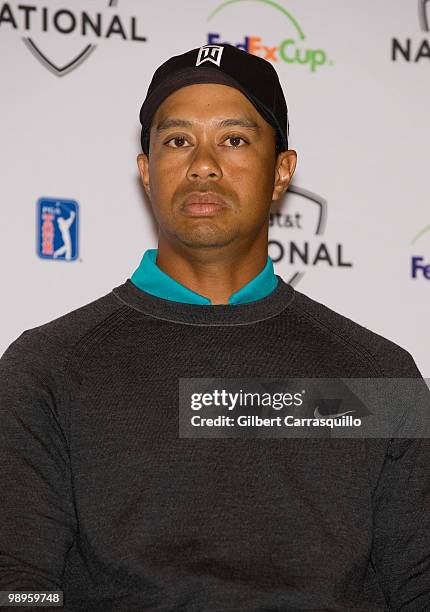 Tiger Woods discusses the upcoming AT&T National Tournament at a press conference at the Aronimink Golf Club on May 10, 2010 in Newtown, Pennsylvania.