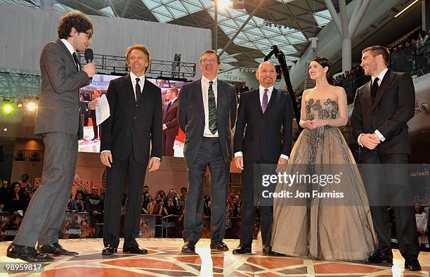 Host Alex Zane speaks on stage with producer Jerry Bruckheimer, director Mike Newell and actors Sir Ben Kingsley, Gemma Arterton and Jake Gyllenhaal...