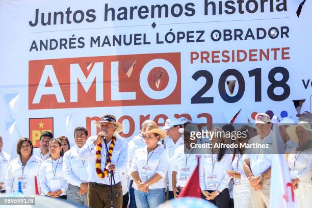 Andres Manuel Lopez Obrador presidential candidate for National Regeneration Movement Party / 'Juntos Haremos Historia' speaks during a rally in La...