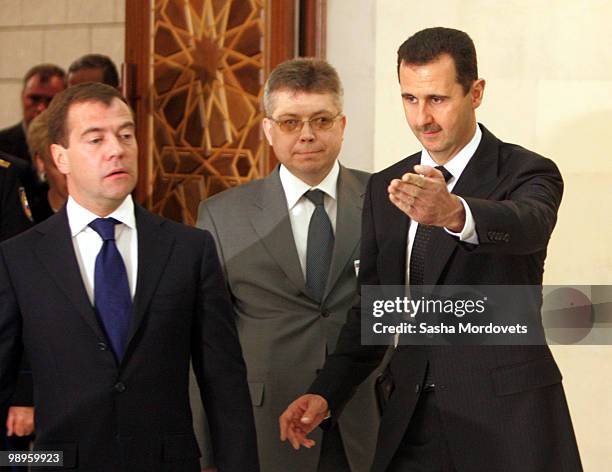 Syrian President Bashar Assad receives Russian President Dmitry Medvedev May 10, 2010 in Damascus, Syria. Medvedev is on a two-days state visit to...