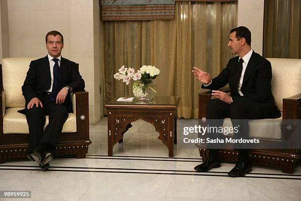 Syrian President Bashar Assad receives Russian President Dmitry Medvedev May 10, 2010 in Damascus, Syria. Medvedev is on a two-days state visit to...