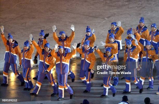 Winter Olympic Games : Salt Lake City, 02/8/2002, Salt Lake City, Utah, United States --- Athletes Representing The Netherlands Wave To The Crowd As...