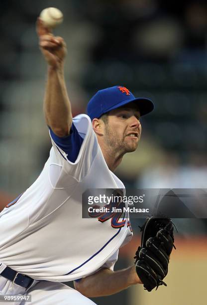 John Maine of the New York Mets delivers a pitch against the Washington Nationals on May 10, 2010 at Citi Field in the Flushing neighborhood of the...