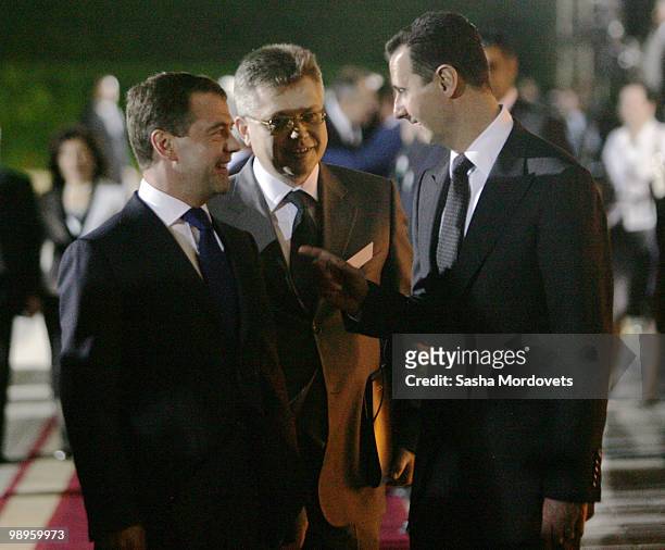Syrian President Bashar Assad receives Russian President Dmitry Medvedev May 10, 2010 in Damascus, Syria. Medvedev is on a two-days state visit to...