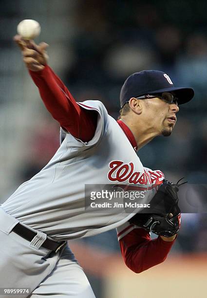 Luis Atilano of the Washington Nationals delivers a pitch against the New York Mets on May 10, 2010 at Citi Field in the Flushing neighborhood of the...