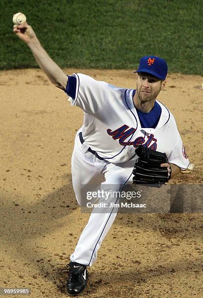 John Maine of the New York Mets delivers a pitch against the Washington Nationals on May 10, 2010 at Citi Field in the Flushing neighborhood of the...