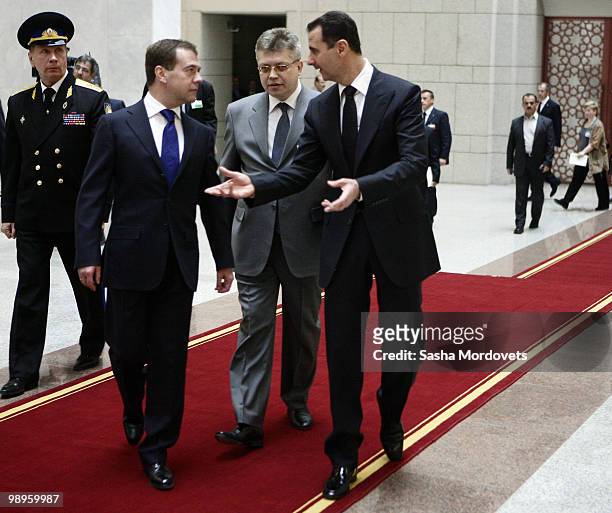 Syrian President Bashar Assad receives Russian President Dmitry Medvedev May 10, 2010 in Damascus, Syria. Medvedev is on a two-days state visit to...