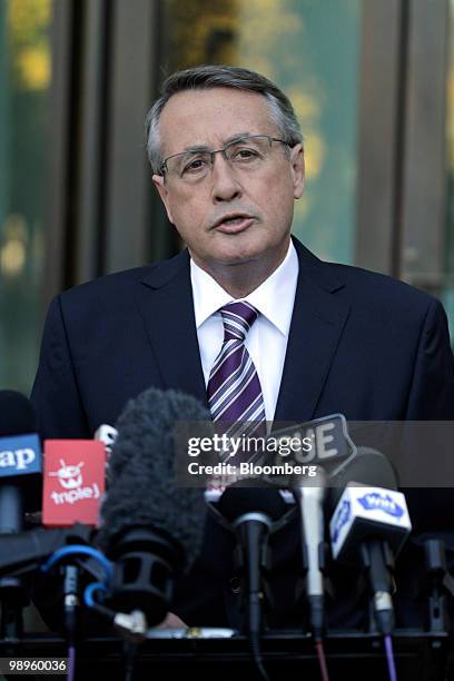 Wayne Swan, Australia's treasurer, speaks to the media upon arrival to Parliament House, in Canberra, Australia, on Tuesday, May 11, 2010. Swan said...