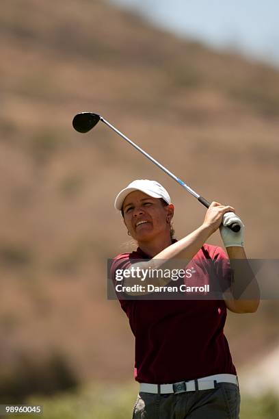 Heather Bowie Young plays a tee shot during the first round of the Tres Marias Championship at the Tres Marias Country Club on April 29, 2010 in...