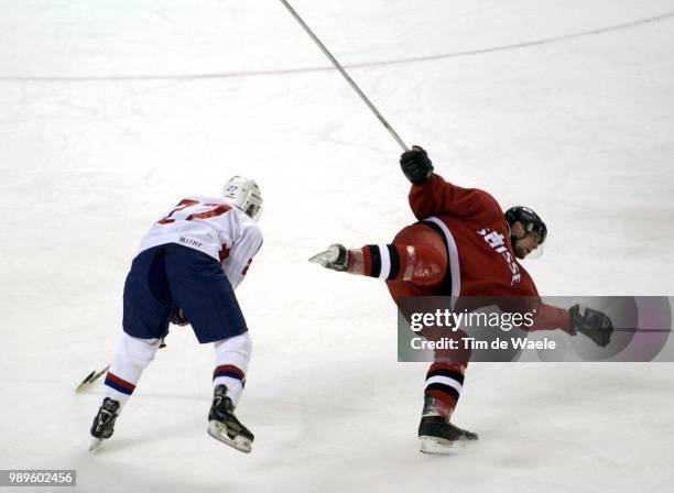 Winter Olympic Games : Salt Lake City, 2/09/02, Salt Lake City, Utah, United States --- Switz Gian-Marco Crameri Is Hitting The Ice After Running...