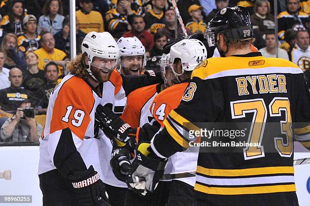 Scott Hartnell of the Philadelphia Flyers celebrates scoring a goal against the Boston Bruins in Game Five of the Eastern Conference Semifinals...