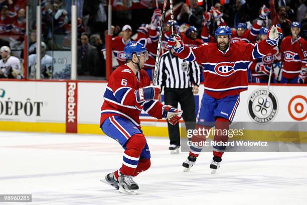 Jaroslav Spacek of the Montreal Canadiens celebrates his second-period goal against the Pittsburgh Penguins in Game Six of the Eastern Conference...