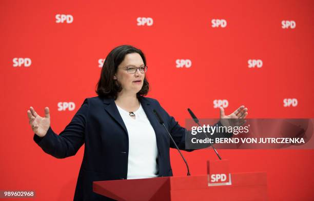 Andrea Nahles, leader of Germany's social democratic SPD party, gives a statement on July 2, 2018 at her party's headquartrs in Berlin to comment on...