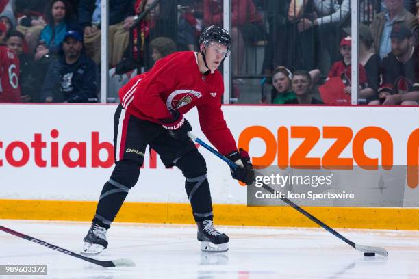 Ottawa Senators Prospect Left Wing Brady Tkachuk prepares to shoot the puck during the Ottawa Senators Development Camp on June 29 at Richcraft...