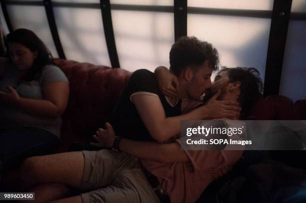 Two gay man seen kissing each other at the closing party of the Istanbul Pride Week. Gay rights groups and the LGBT community celebrated the event...