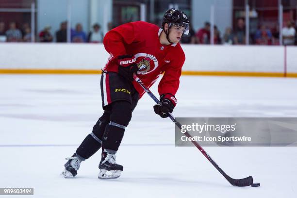 Ottawa Senators Prospect Center Jonathan Gruden skates with the puck during the Ottawa Senators Development Camp on June 29 at Richcraft Sensplex in...