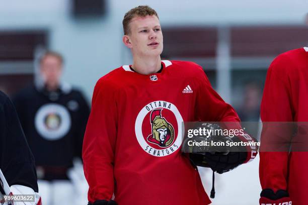 Ottawa Senators Prospect Left Wing Brady Tkachuk stands for the national anthem during the Ottawa Senators Development Camp on June 29 at Richcraft...