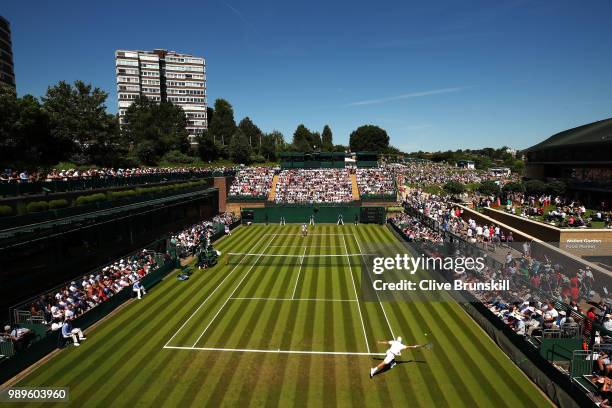 Action on Court 18 during the Men's Singles first round match between Lucas Pouille of France and Denis Kudla of The United States on day one of the...