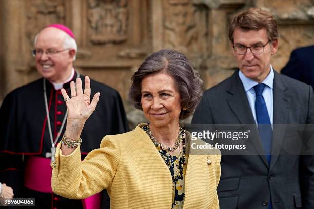 Queen Sofia inaugurates the conservation and restoration project of the arcade of Santiago's Cathedral on July 2, 2018 in Santiago de Compostela,...