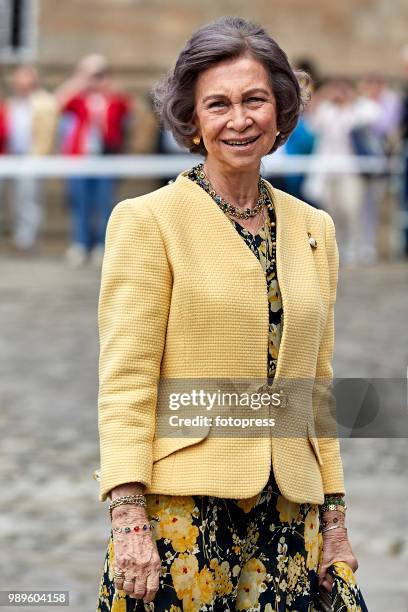 Queen Sofia inaugurates the conservation and restoration project of the arcade of Santiago's Cathedral on July 2, 2018 in Santiago de Compostela,...