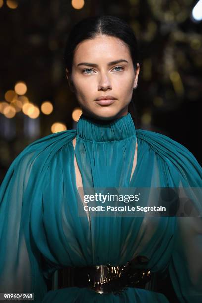 Adriana Lima walks the runway during the Schiaparelli Haute Couture Fall Winter 2018/2019 show as part of Paris Fashion Week on July 2, 2018 in...