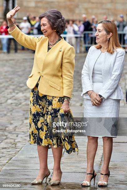 Ana Pastor and Queen Sofia inaugurate the conservation and restoration project of the arcade of Santiago's Cathedral on July 2, 2018 in Santiago de...