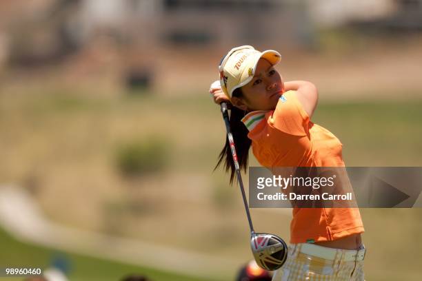 Ai Miyazato of Japan follows through on a tee shot during the fourth round of the Tres Marias Championship at the Tres Marias Country Club on May 2,...