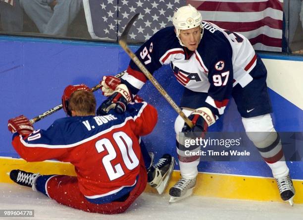 Winter Olympic Games : Salt Lake City, 2/16/02, West Valley City, Utah, United States --- Russia'S Valeri Bure And Usa'S Jeremy Roenick Hit The Wall...