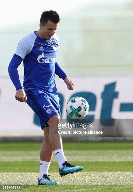 Schalke's Yevhen Konoplyanka plays the ball during the first training session at the training camp of German Bundesliga soccer club Schalke 04 in...