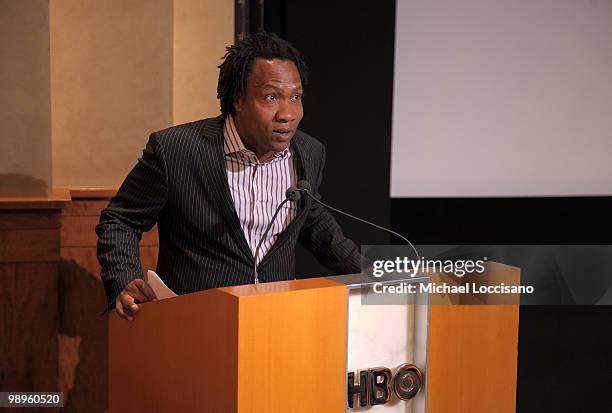 Director Roger Ross Williams addresses the audience before the HBO Documentary Screening Of "Music By Prudence" at HBO Theater on May 10, 2010 in New...